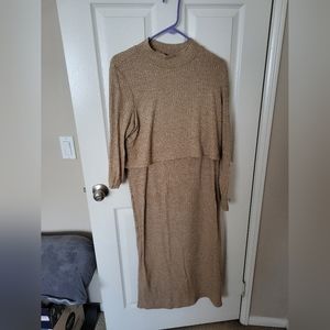Maternity Mock-Neck Double-Layer Nursing Midi Dress size L